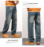 Men's Vintage Straight Jeans Loose Fit Wide Leg Casual Denim Pants High Waisted Elegant Trousers