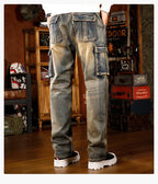 Mens Loose Fit Hip Hop Jeans Casual Cargo Denim Pants with Multi Pockets