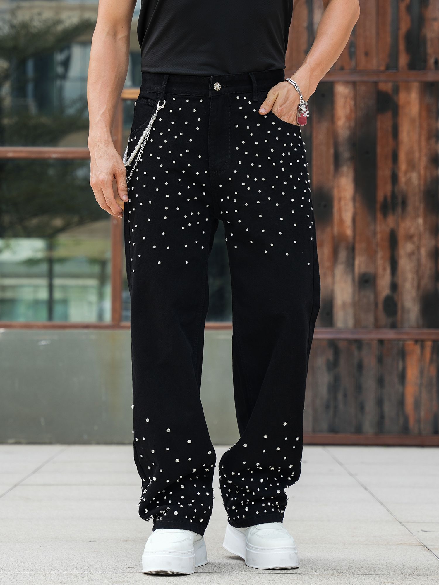 Semshedy Men's Baggy Jeans Mid Rise Straight Leg Black Jean Hiphop Streetwear Trendy Loose Fit Trouse#1691-2