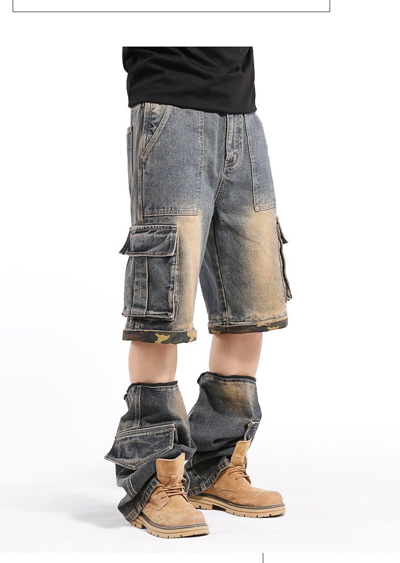 Men's hip pop cargo Denim Pants Casual Straight Leg Loose Fit Detachable Jeans#3918