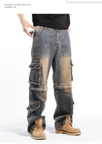 Men's hip pop cargo Denim Pants Casual Straight Leg Loose Fit Detachable Jeans#3918