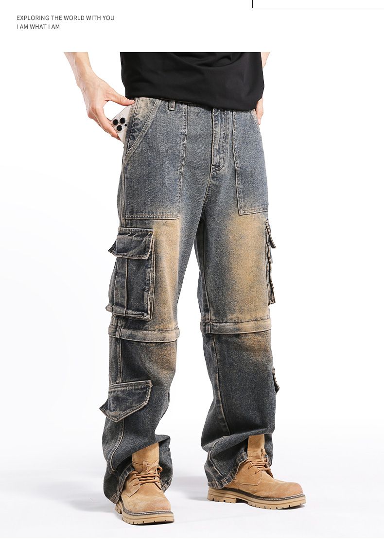 Men's hip pop cargo Denim Pants Casual Straight Leg Loose Fit Detachable Jeans#3918