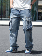 Idopy Men`s Loose Fit Motorcycle Multi-Pockets Workwear Denim Cargo Jeans Plus Size#3808