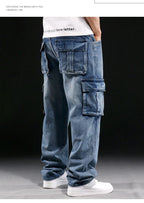 Men's Casual Baggy Cargo Workwear Jeans Loose Fit Straight Leg Hip Hop Denim Pants#3908