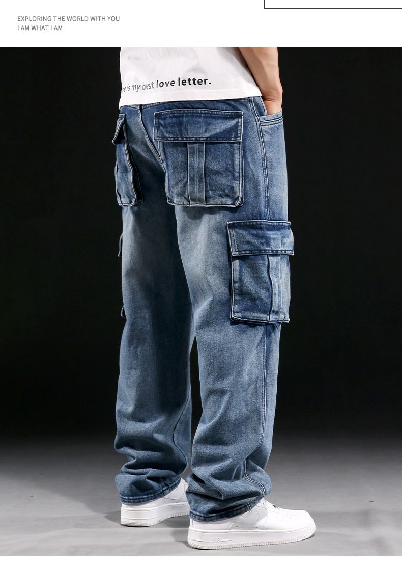 Men's Casual Baggy Cargo Workwear Jeans Loose Fit Straight Leg Hip Hop Denim Pants#3908