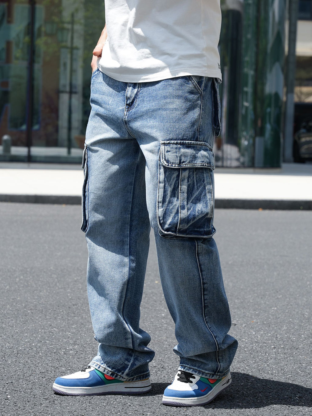 Idopy Men`s Loose Fit Motorcycle Multi-Pockets Workwear Denim Cargo Jeans Plus Size#3808