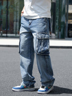 Idopy Men`s Loose Fit Motorcycle Multi-Pockets Workwear Denim Cargo Jeans Plus Size#3808