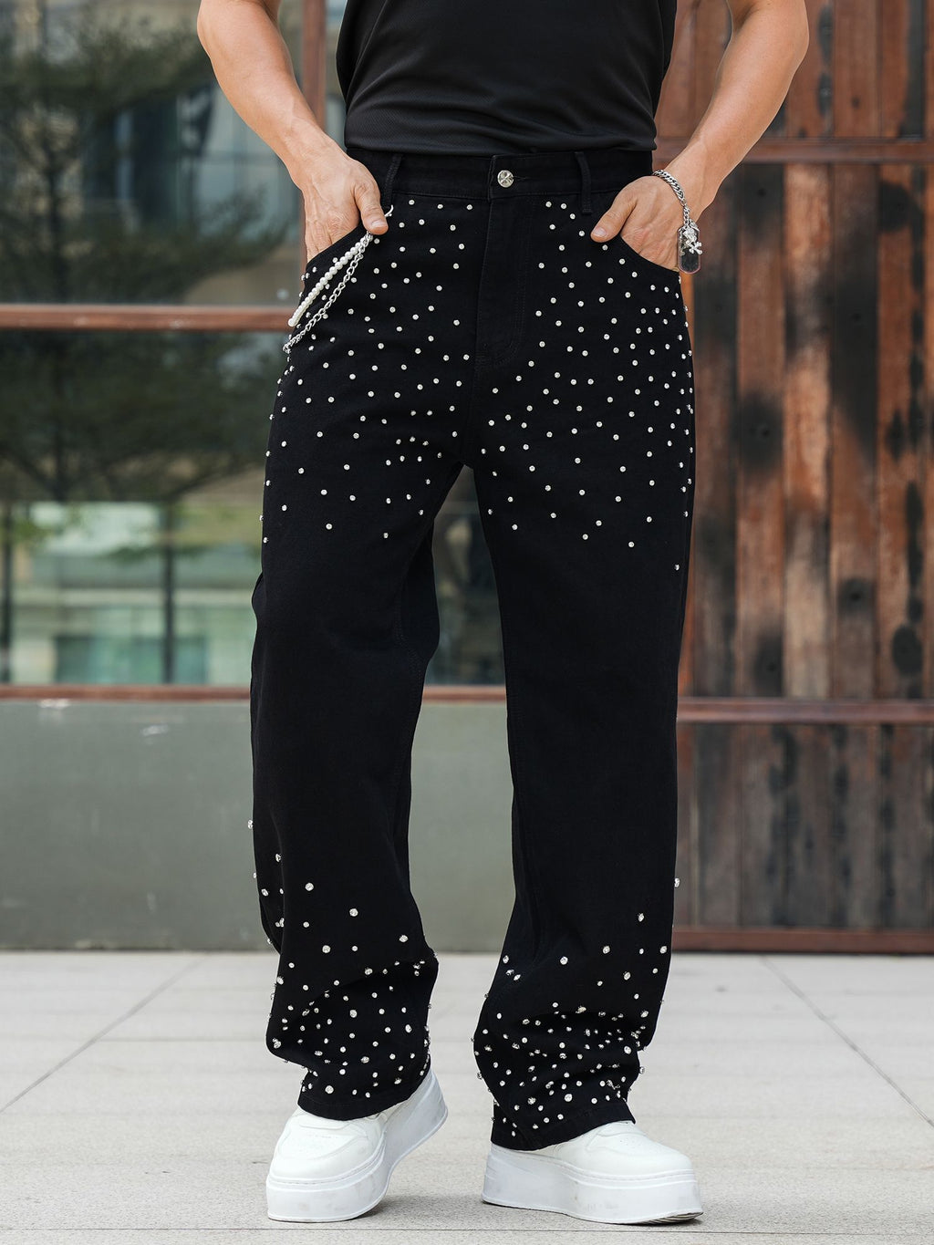 Semshedy Men's Baggy Jeans Mid Rise Straight Leg Black Jean Hiphop Streetwear Trendy Loose Fit Trouse#1691-2