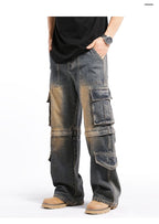 Men's hip pop cargo Denim Pants Casual Straight Leg Loose Fit Detachable Jeans#3918