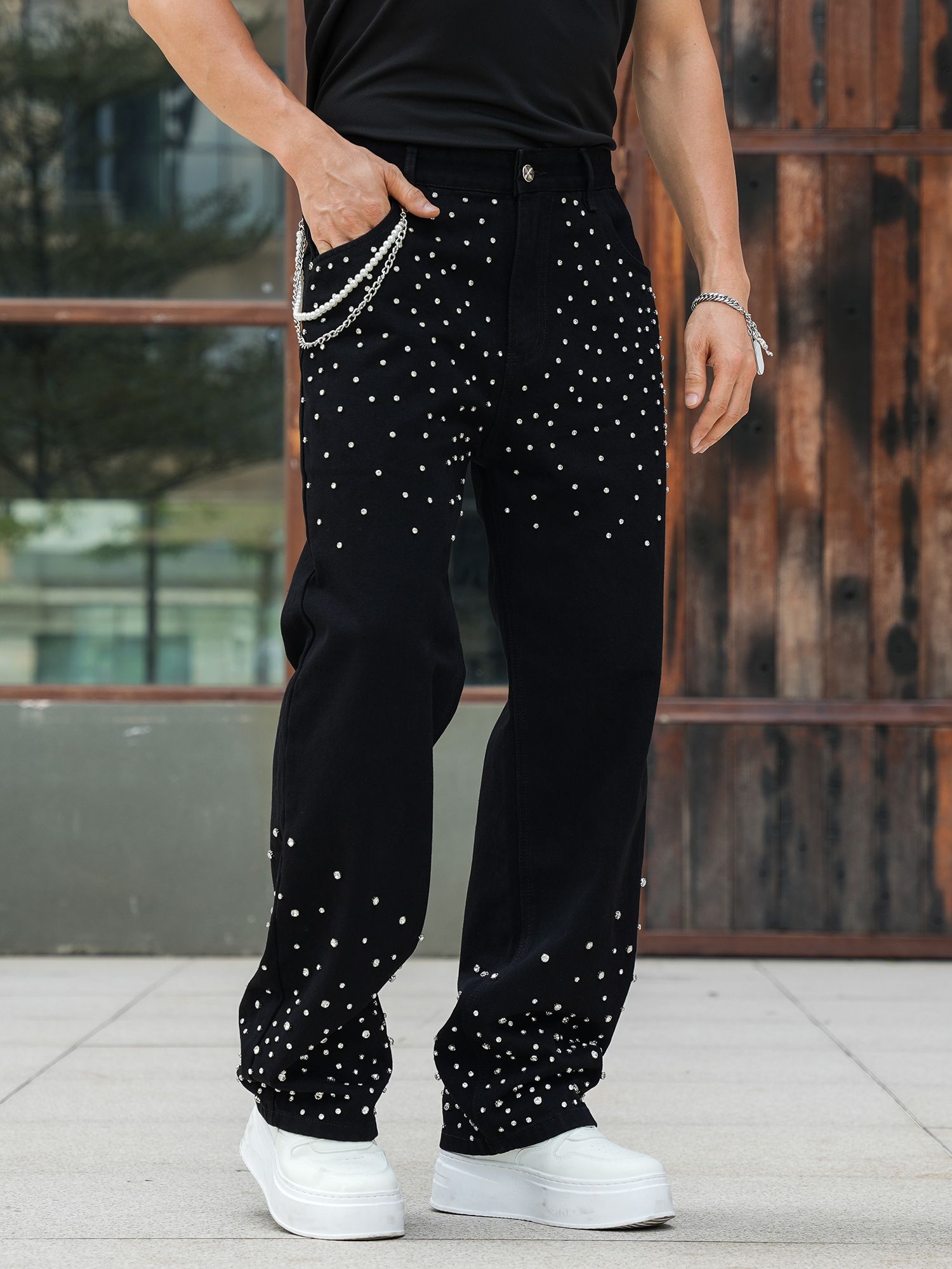 Semshedy Men's Baggy Jeans Mid Rise Straight Leg Black Jean Hiphop Streetwear Trendy Loose Fit Trouse#1691-2