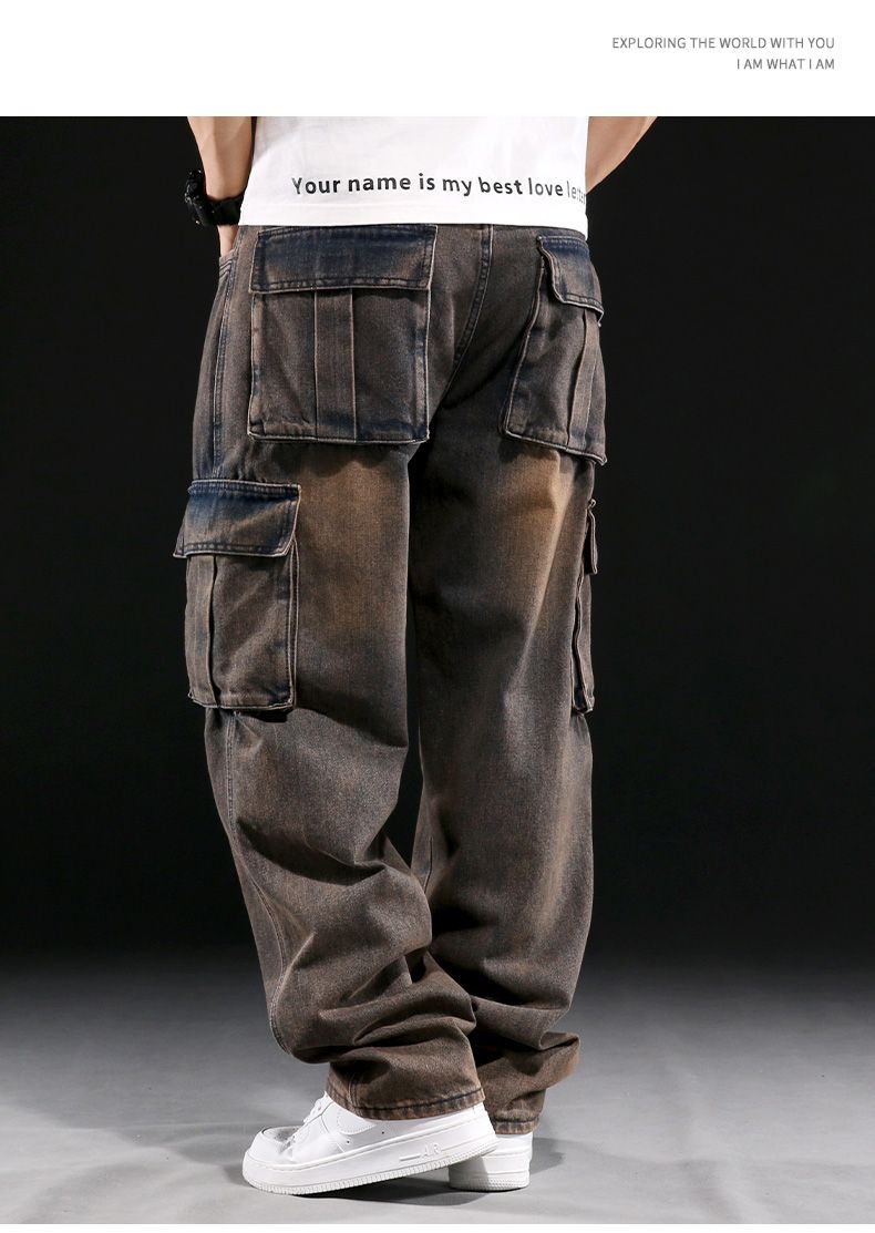 Men's Casual Baggy Cargo Workwear Jeans Loose Fit Straight Leg Hip Hop Denim Pants#3908