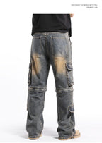 Men's hip pop cargo Denim Pants Casual Straight Leg Loose Fit Detachable Jeans#3918