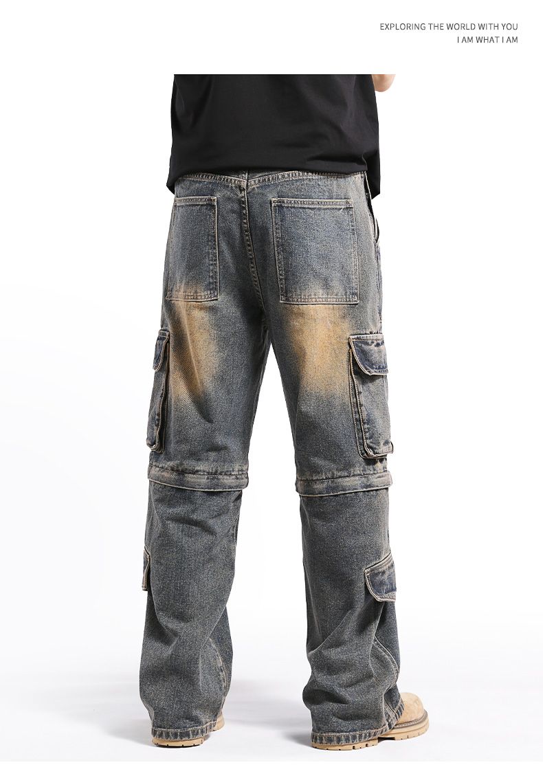 Men's hip pop cargo Denim Pants Casual Straight Leg Loose Fit Detachable Jeans#3918