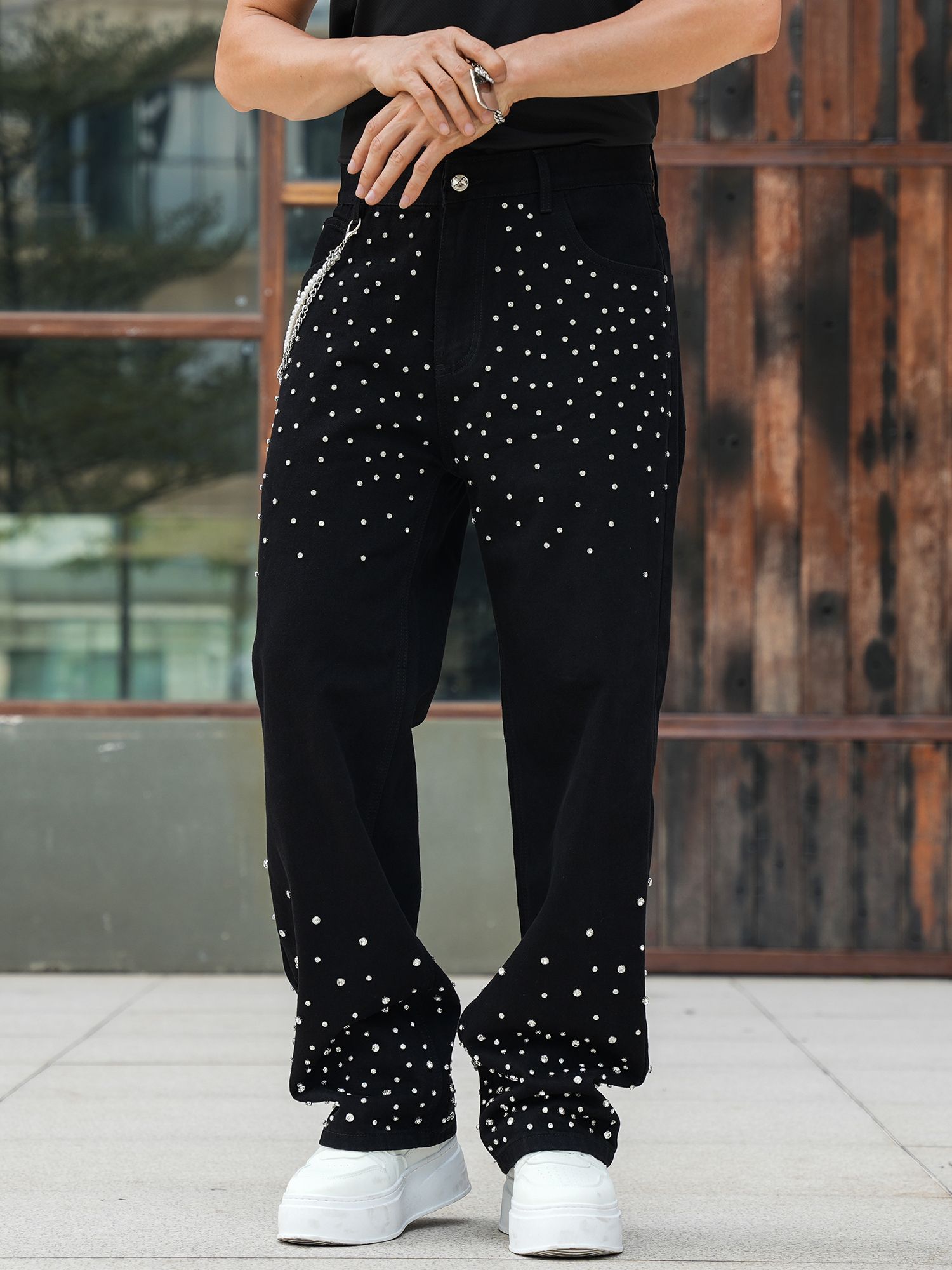 Semshedy Men's Baggy Jeans Mid Rise Straight Leg Black Jean Hiphop Streetwear Trendy Loose Fit Trouse#1691-2