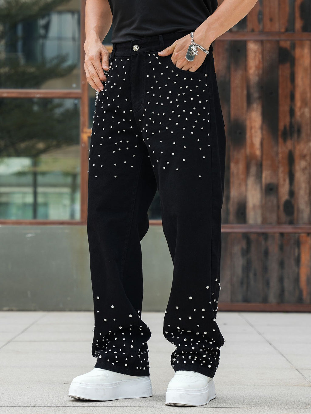 Semshedy Men's Baggy Jeans Mid Rise Straight Leg Black Jean Hiphop Streetwear Trendy Loose Fit Trouse#1691-2