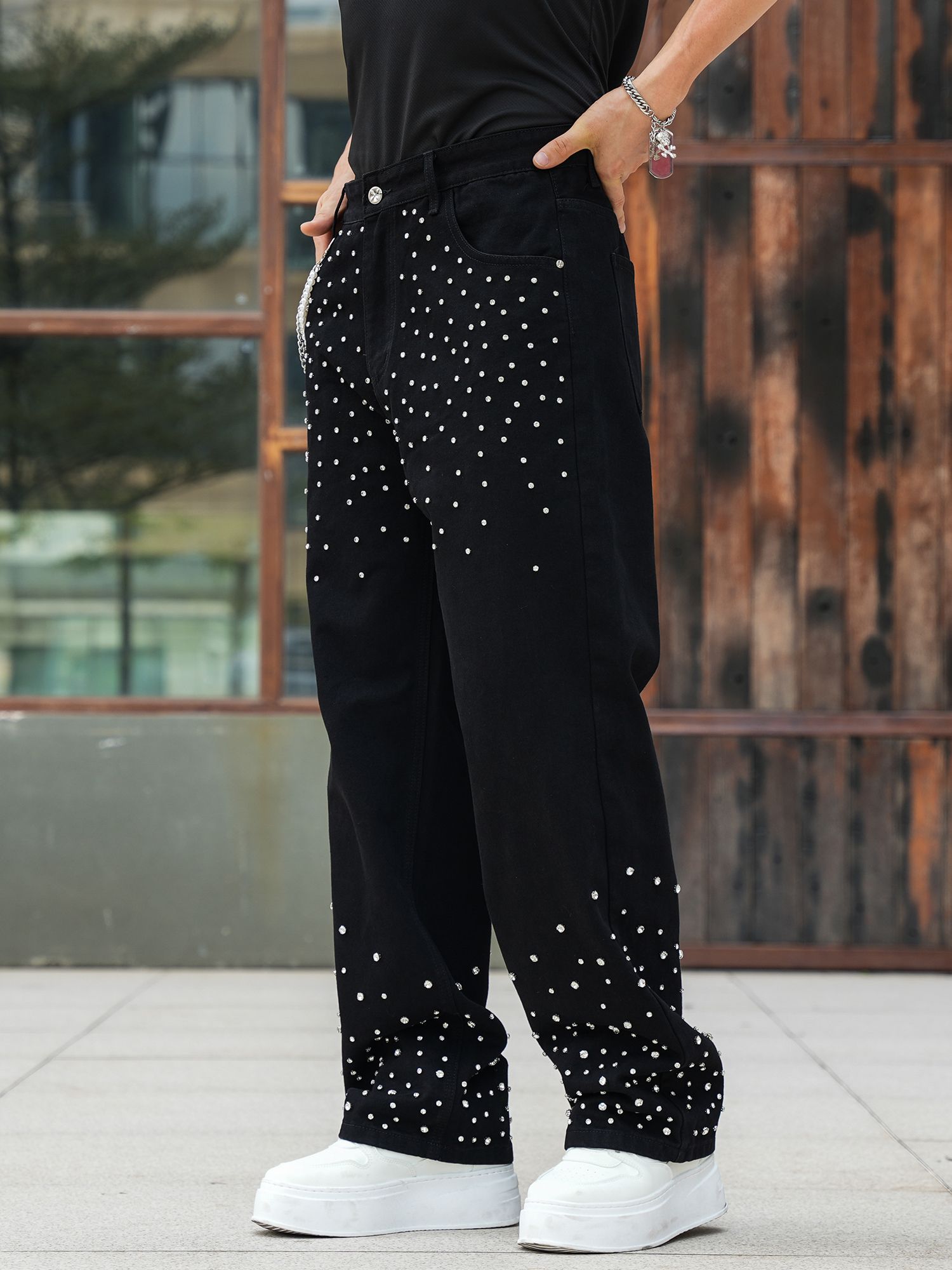 Semshedy Men's Baggy Jeans Mid Rise Straight Leg Black Jean Hiphop Streetwear Trendy Loose Fit Trouse#1691-2