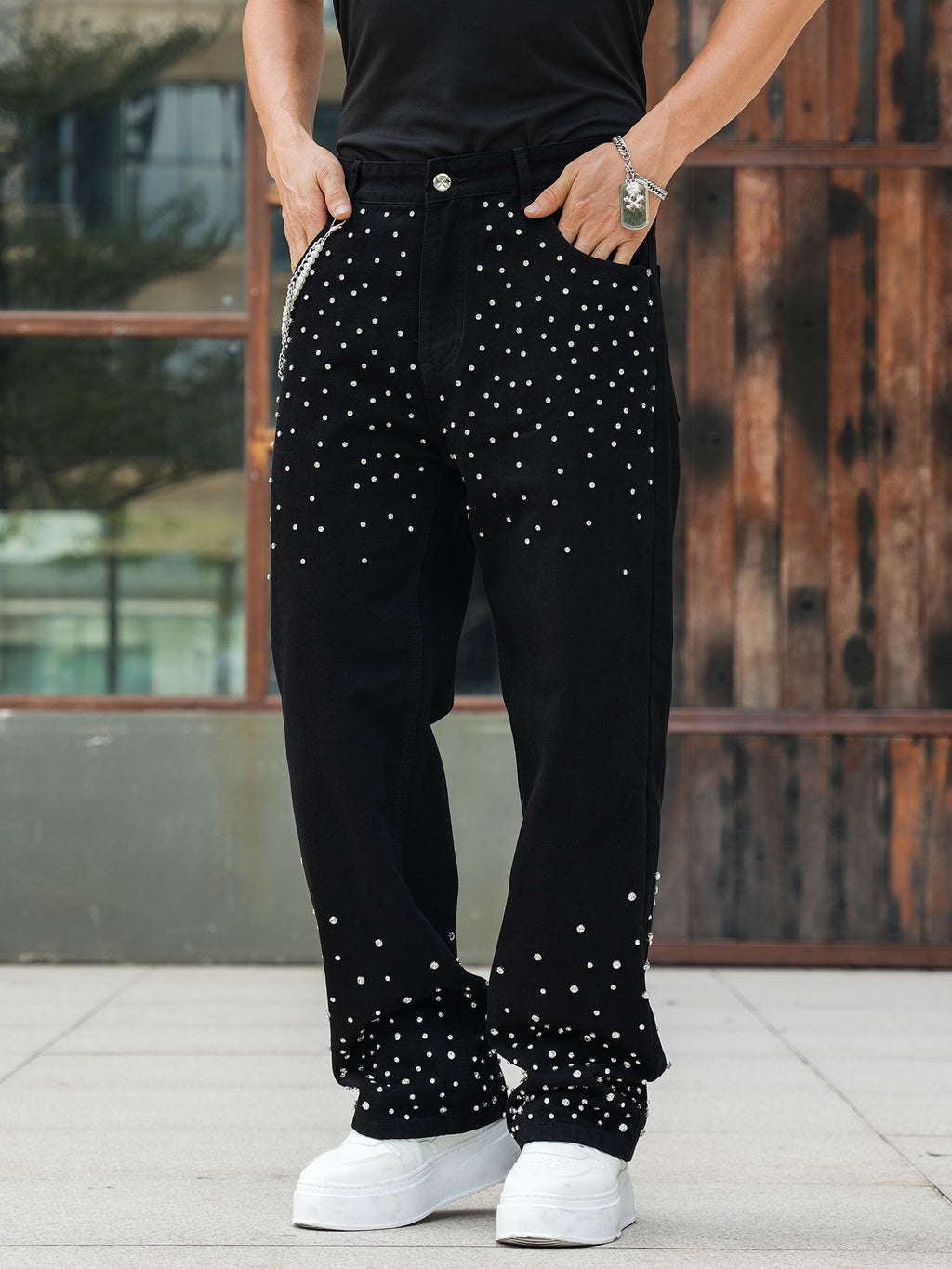 Semshedy Men's Baggy Jeans Mid Rise Straight Leg Black Jean Hiphop Streetwear Trendy Loose Fit Trouse#1691-2