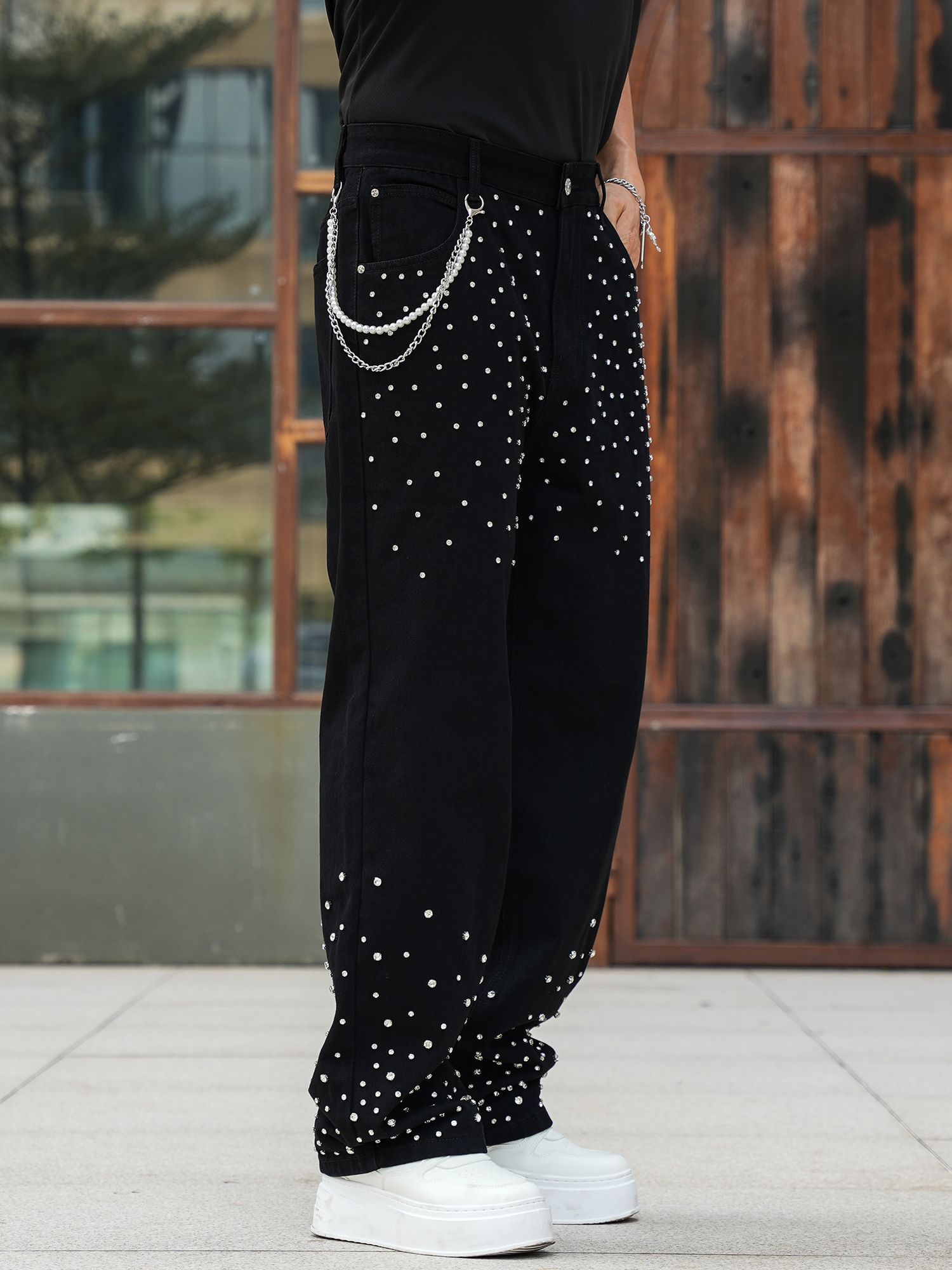 Semshedy Men's Baggy Jeans Mid Rise Straight Leg Black Jean Hiphop Streetwear Trendy Loose Fit Trouse#1691-2