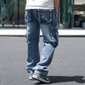 Idopy Men`s Loose Fit Motorcycle Multi-Pockets Workwear Denim Cargo Jeans Plus Size#3808