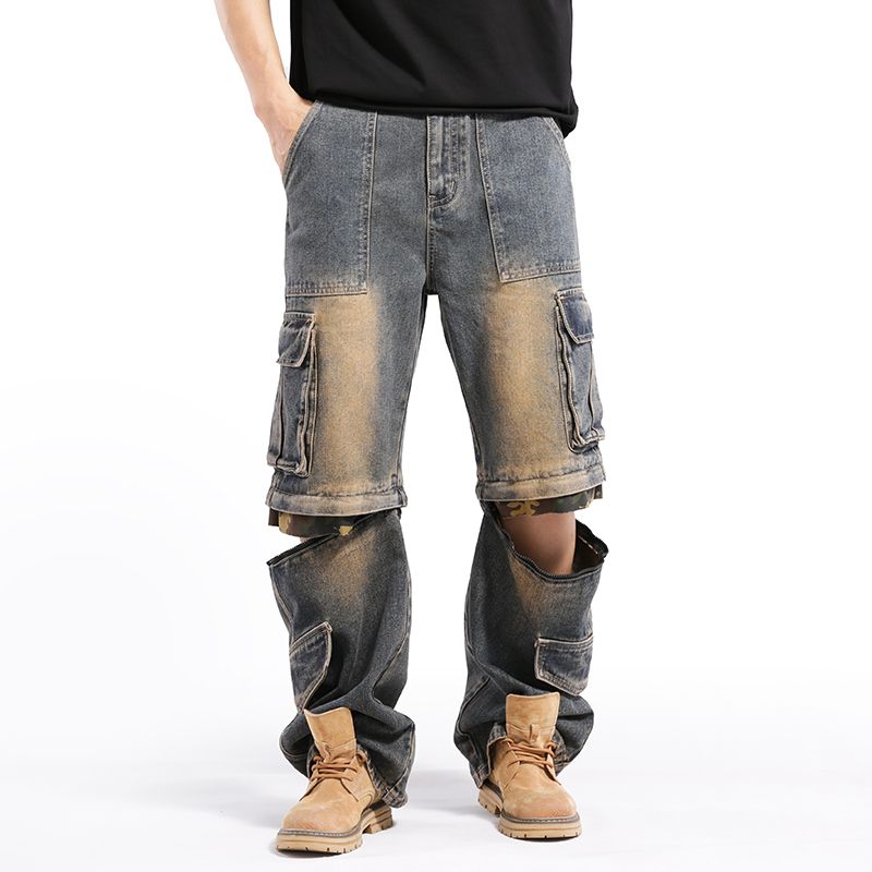Men's hip pop cargo Denim Pants Casual Straight Leg Loose Fit Detachable Jeans#3918
