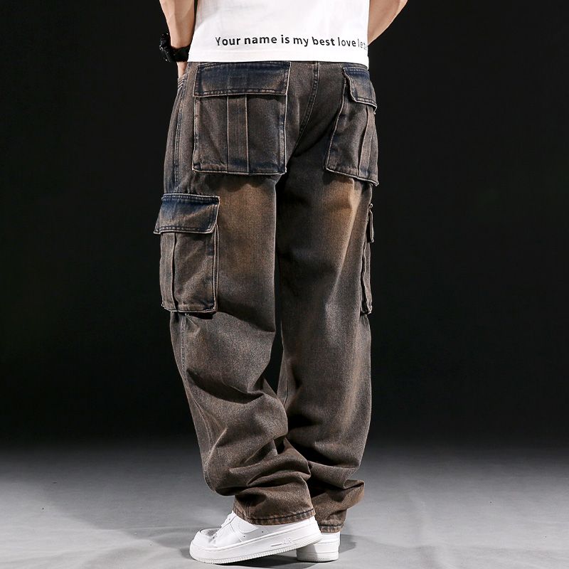 Men's Casual Baggy Cargo Workwear Jeans Loose Fit Straight Leg Hip Hop Denim Pants#3908