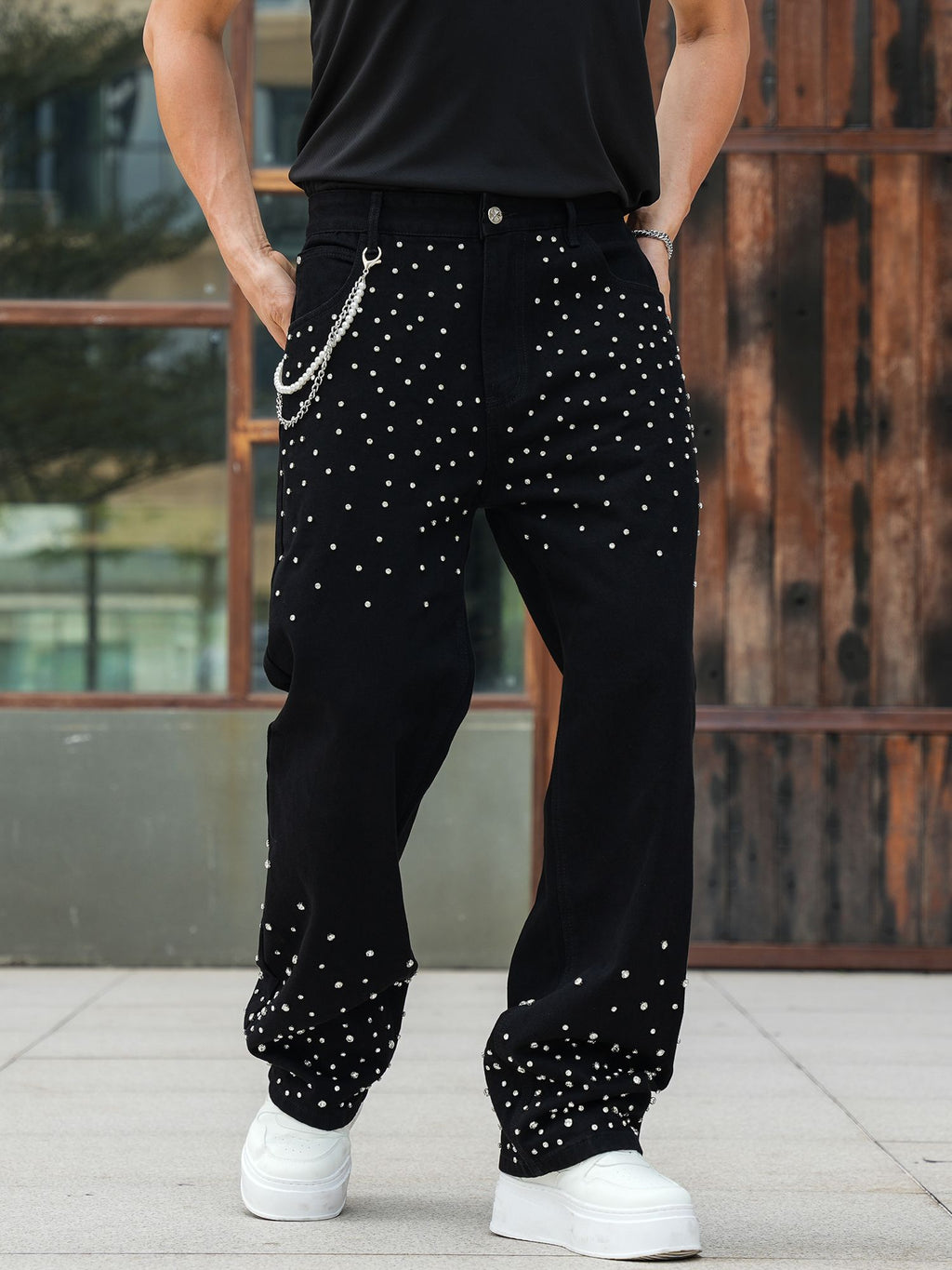 Semshedy Men's Baggy Jeans Mid Rise Straight Leg Black Jean Hiphop Streetwear Trendy Loose Fit Trouse#1691-2