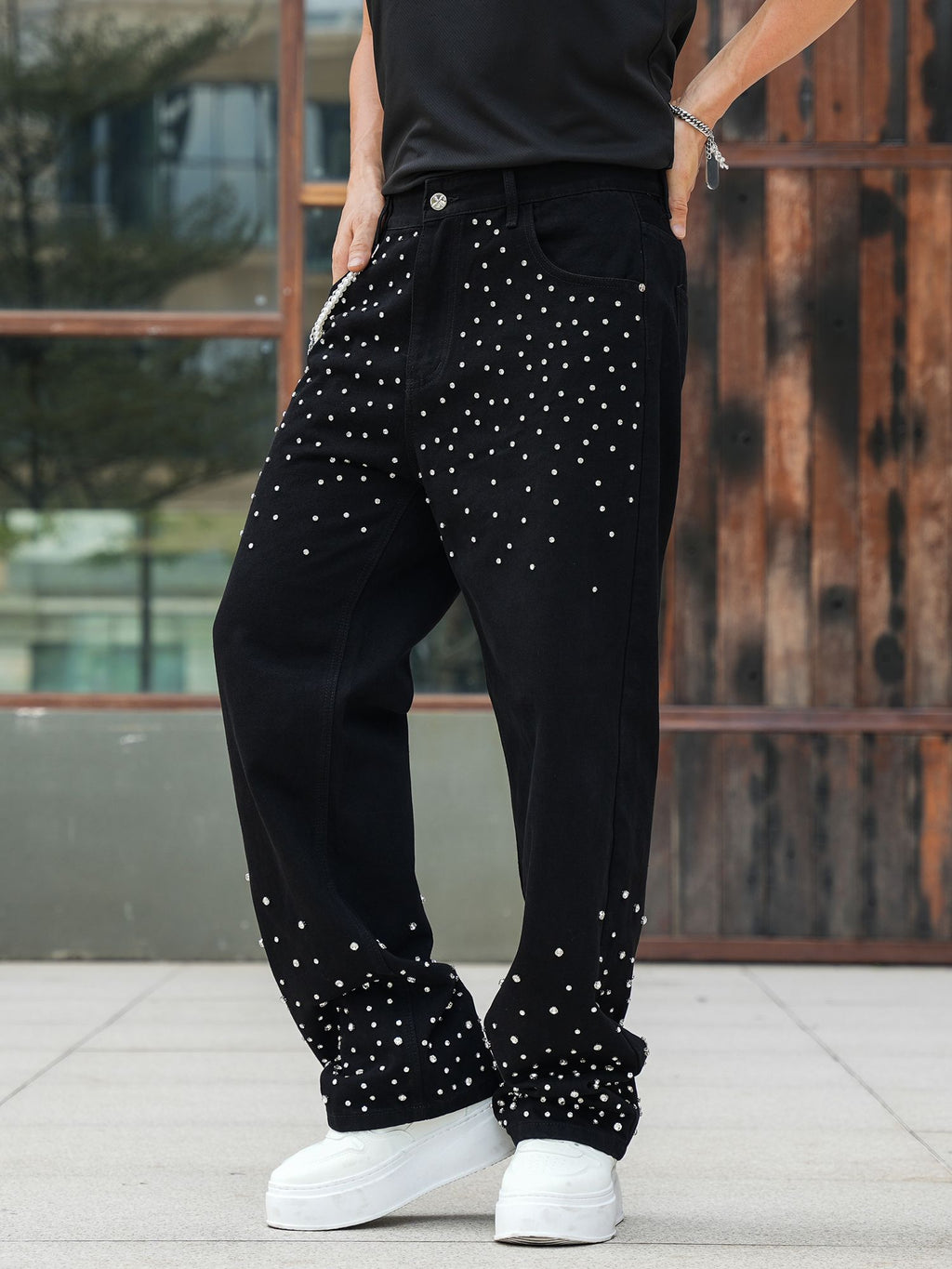 Semshedy Men's Baggy Jeans Mid Rise Straight Leg Black Jean Hiphop Streetwear Trendy Loose Fit Trouse#1691-2