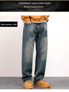Men's Vintage Straight Jeans Loose Fit Wide Leg Casual Denim Pants High Waisted Elegant Trousers