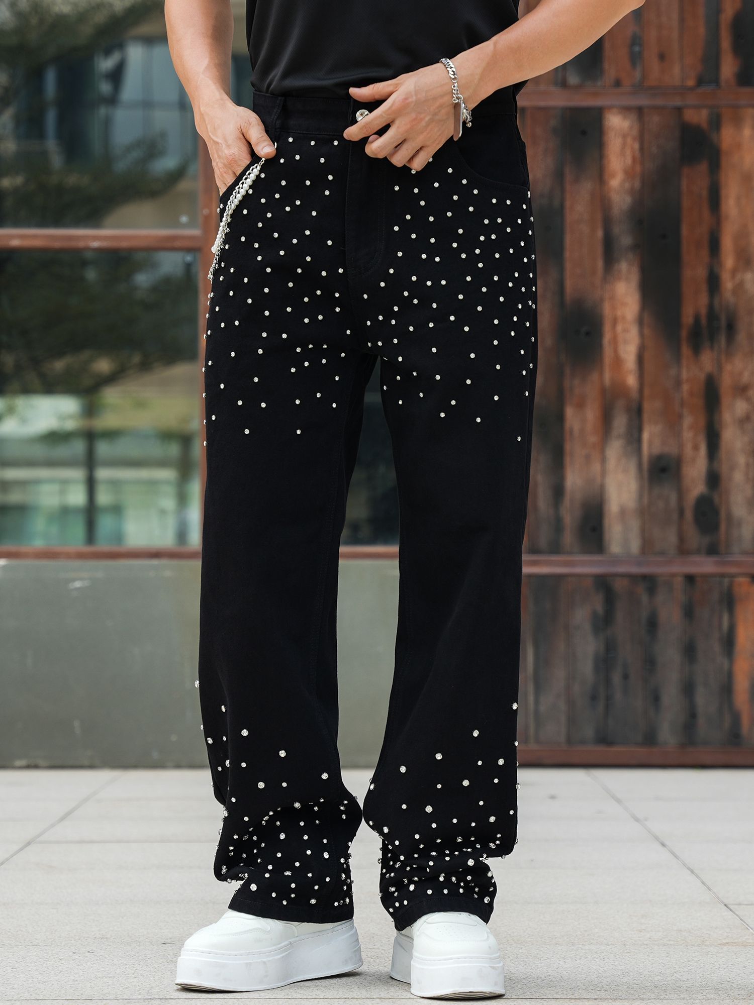 Semshedy Men's Baggy Jeans Mid Rise Straight Leg Black Jean Hiphop Streetwear Trendy Loose Fit Trouse#1691-2