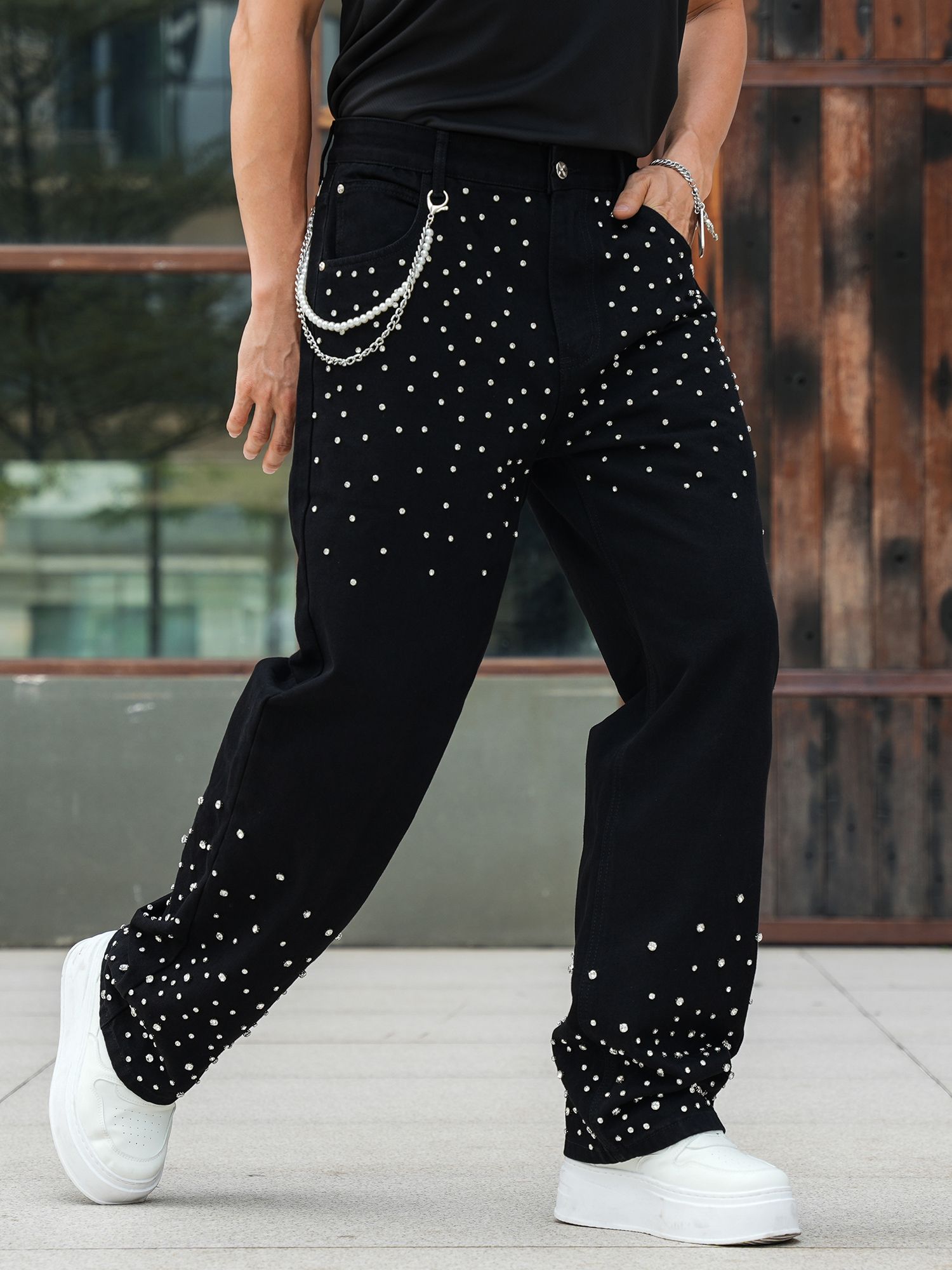 Semshedy Men's Baggy Jeans Mid Rise Straight Leg Black Jean Hiphop Streetwear Trendy Loose Fit Trouse#1691-2