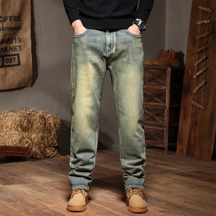 Straight Leg Stretch Denim Pants for Men 28-44 Mens Jeans Vintage Relaxed Fit Washed