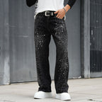 Men’s Loose Rhinestone Denim Pants | Crystal Detail Wide-Leg Look