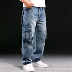 Men's Casual Baggy Cargo Workwear Jeans Loose Fit Straight Leg Hip Hop Denim Pants#3908