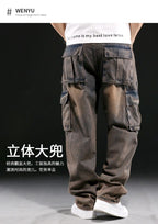 Men's Casual Baggy Cargo Workwear Jeans Loose Fit Straight Leg Hip Hop Denim Pants#3908