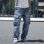 Idopy Men`s Loose Fit Motorcycle Multi-Pockets Workwear Denim Cargo Jeans Plus Size#3808