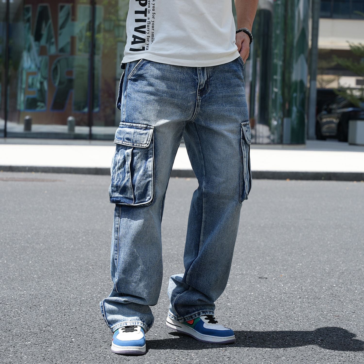 Idopy Men`s Loose Fit Motorcycle Multi-Pockets Workwear Denim Cargo Jeans Plus Size#3808