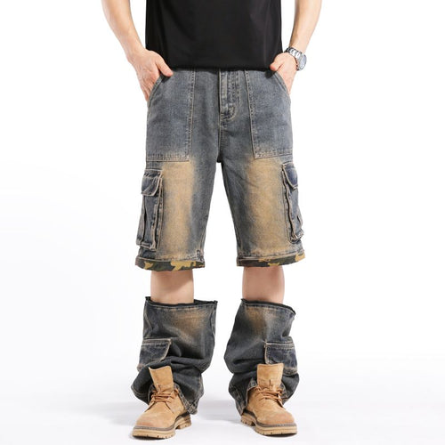 Men's hip pop cargo Denim Pants Casual Straight Leg Loose Fit Detachable Jeans#3918