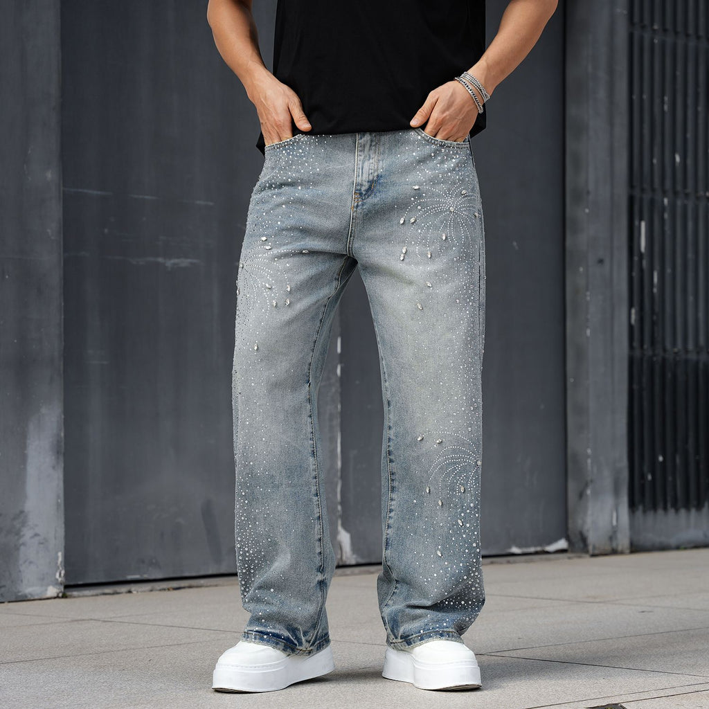 Men’s Loose Rhinestone Denim Pants | Crystal Detail Wide-Leg Look