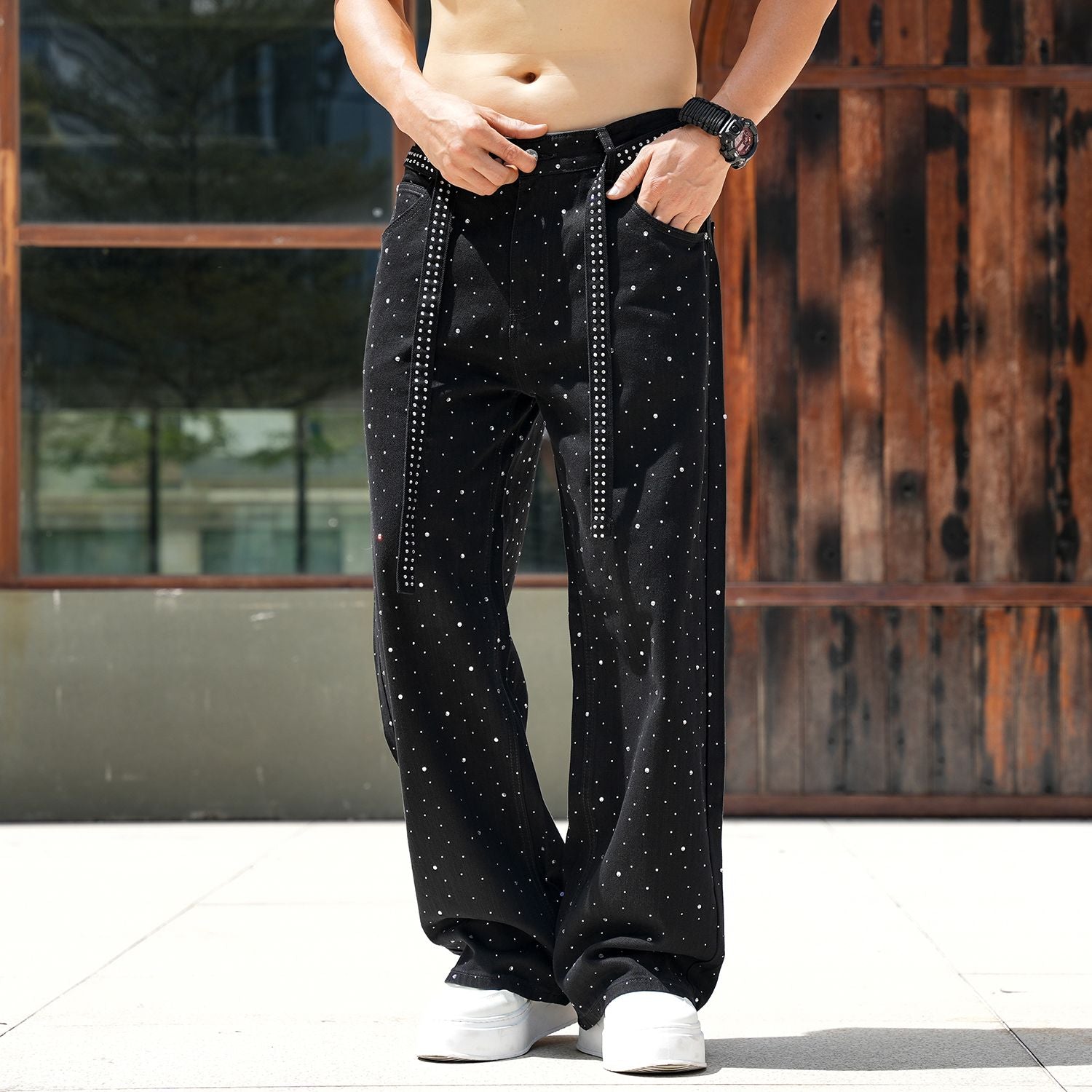 Men Baggy Rhinestone Jeans Vintage Sparkly Jeans Wide Leg Denim Pants#1691-2