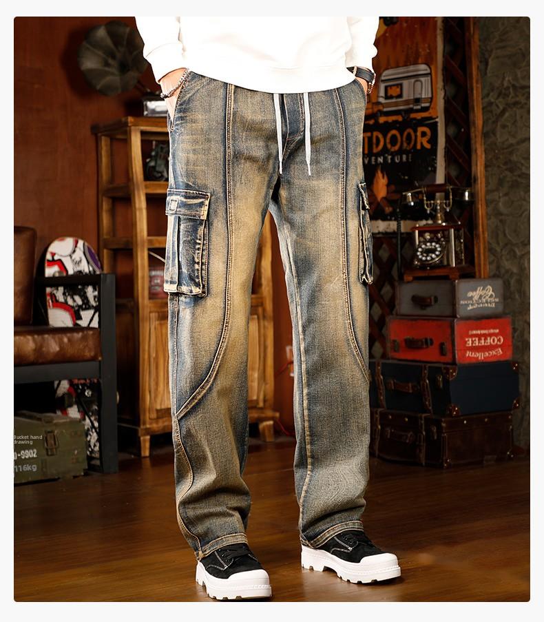 Mens Loose Fit Hip Hop Jeans Casual Cargo Denim Pants with Multi Pockets