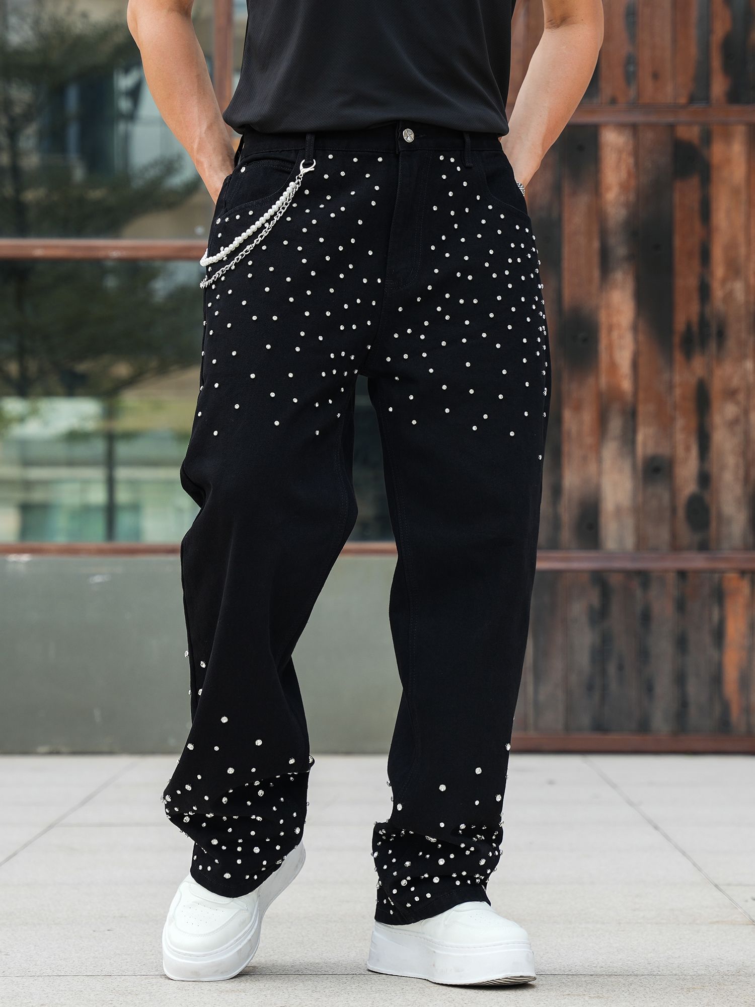 Semshedy Men's Baggy Jeans Mid Rise Straight Leg Black Jean Hiphop Streetwear Trendy Loose Fit Trouse#1691-2