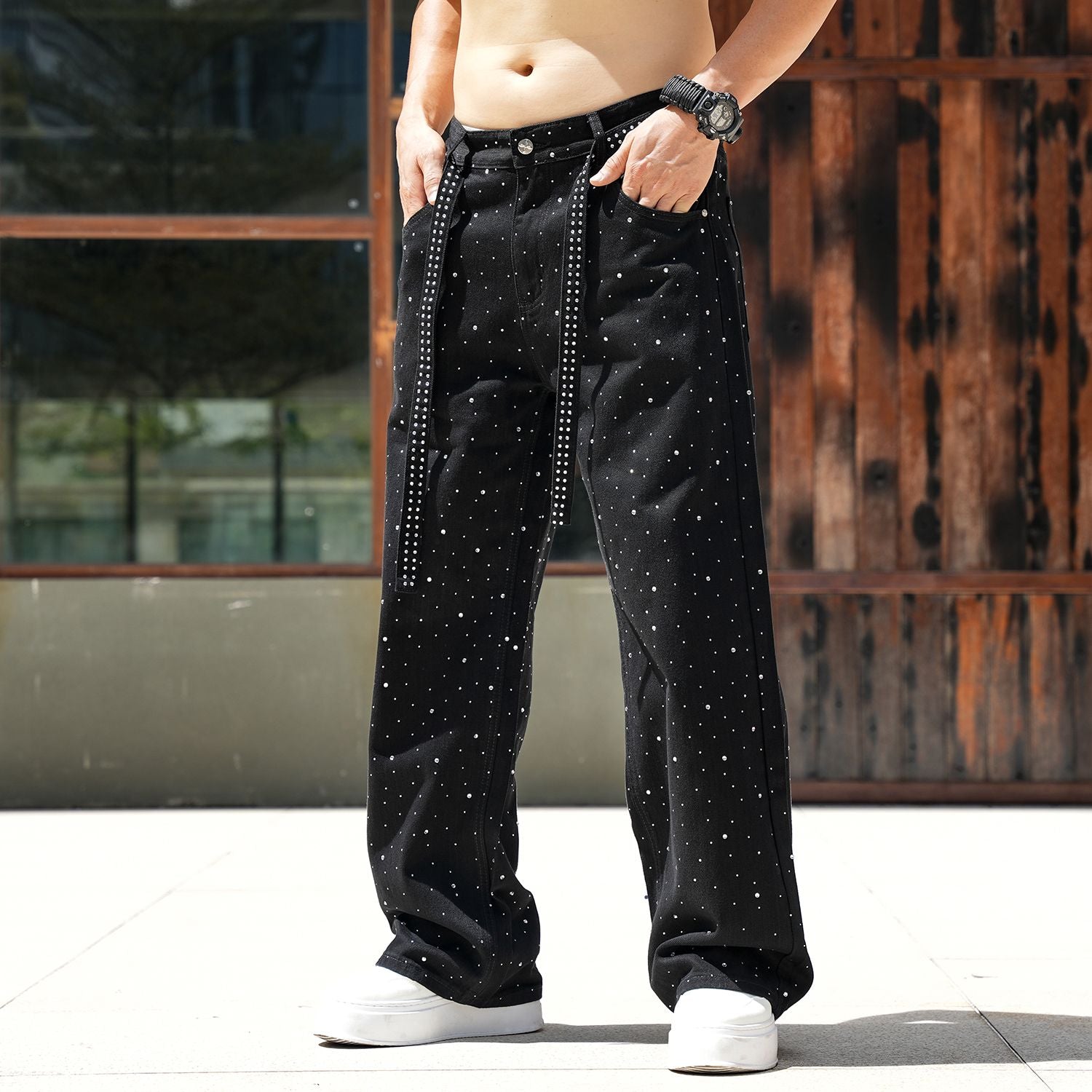 Men Baggy Rhinestone Jeans Vintage Sparkly Jeans Wide Leg Denim Pants#1691-2