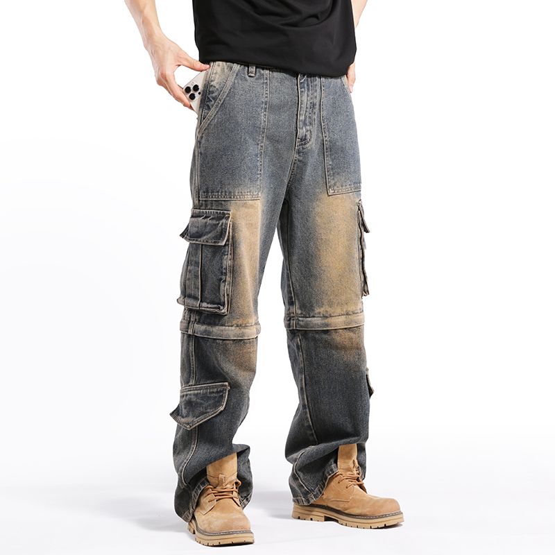 Men's hip pop cargo Denim Pants Casual Straight Leg Loose Fit Detachable Jeans#3918