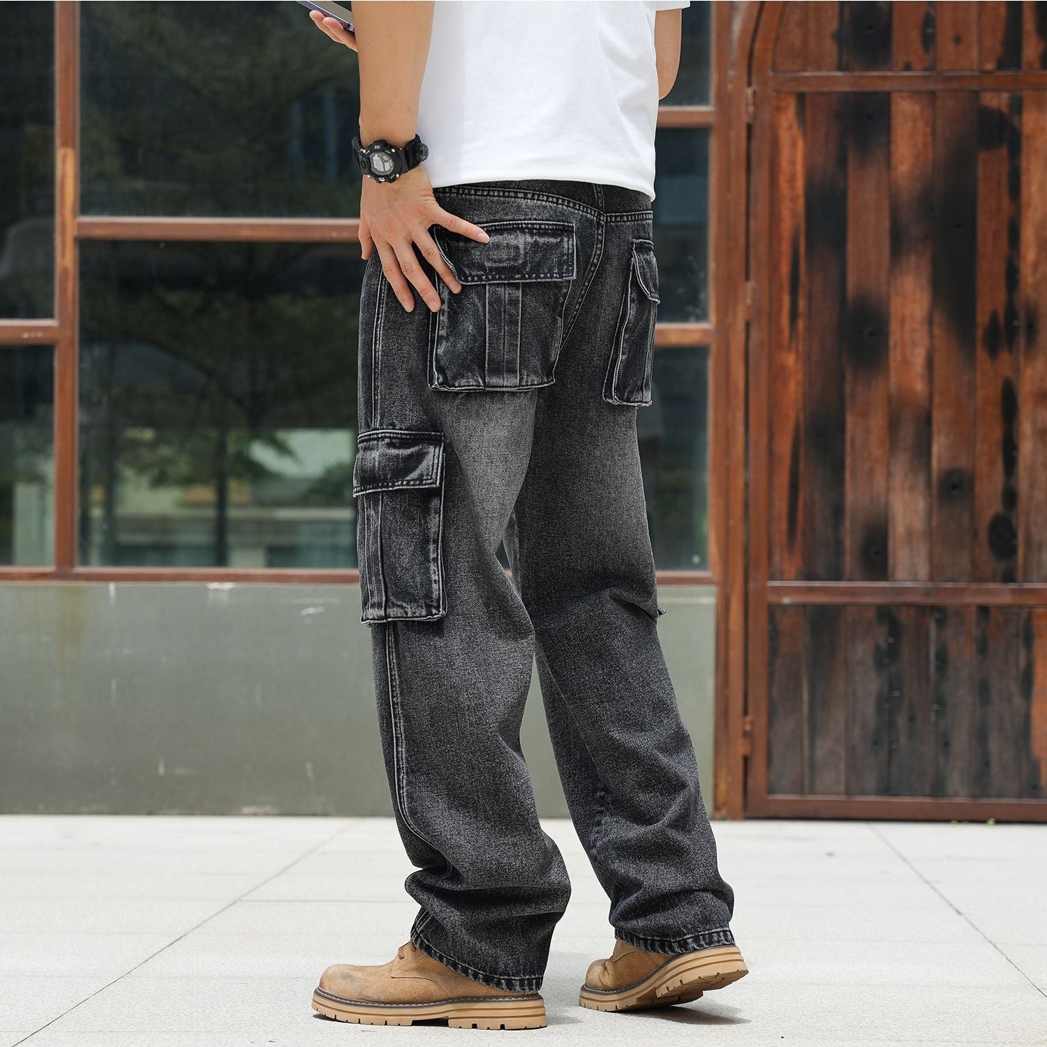 Men's Casual Baggy Cargo Workwear Jeans Loose Fit Straight Leg Hip Hop Denim Pants#3908