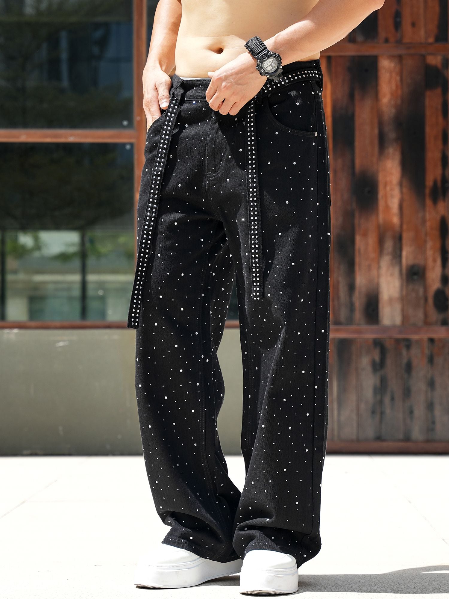Men Baggy Rhinestone Jeans Vintage Sparkly Jeans Wide Leg Denim Pants#1691-2