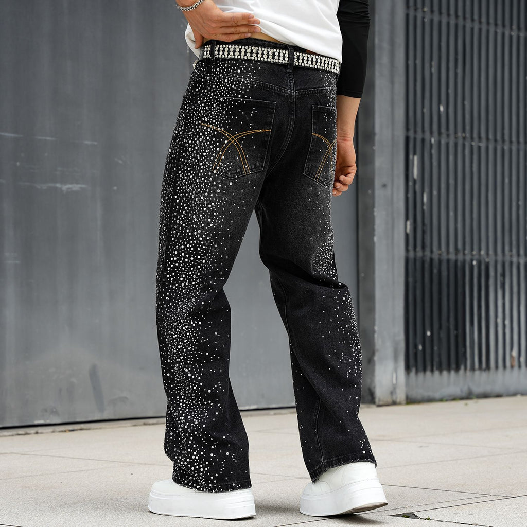 Men’s Loose Rhinestone Denim Pants | Crystal Detail Wide-Leg Look