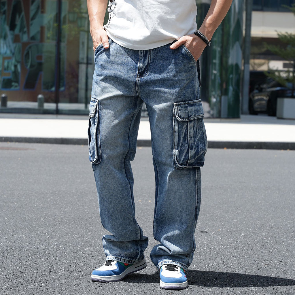 Idopy Men`s Loose Fit Motorcycle Multi-Pockets Workwear Denim Cargo Jeans Plus Size#3808