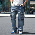 Idopy Men`s Loose Fit Motorcycle Multi-Pockets Workwear Denim Cargo Jeans Plus Size#3808