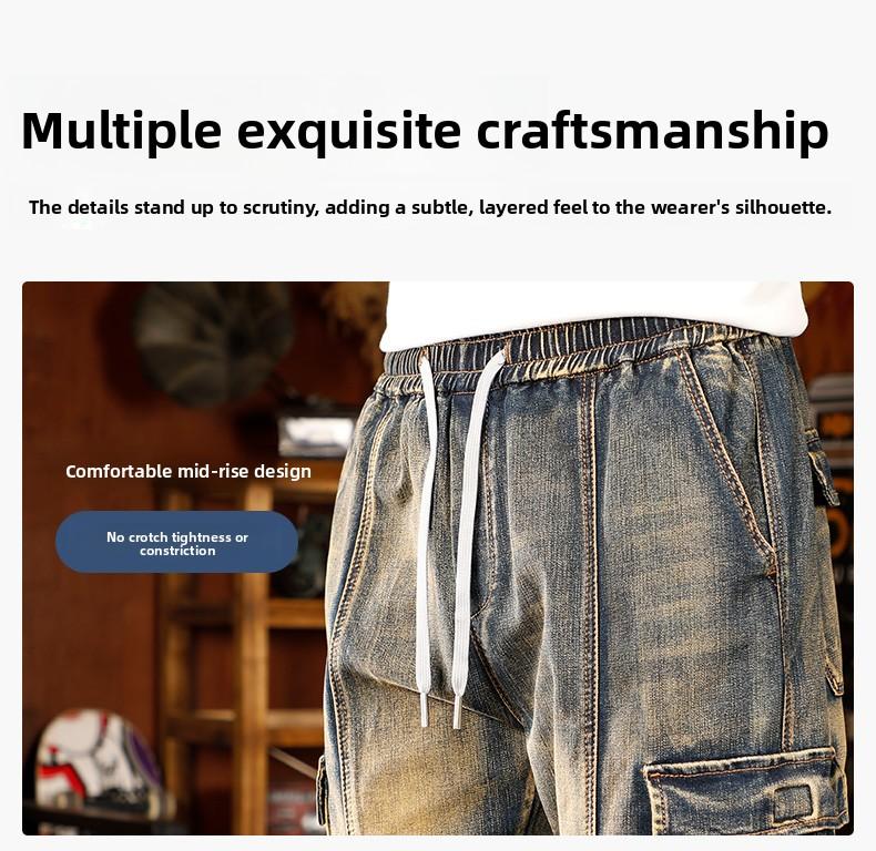 Mens Loose Fit Hip Hop Jeans Casual Cargo Denim Pants with Multi Pockets