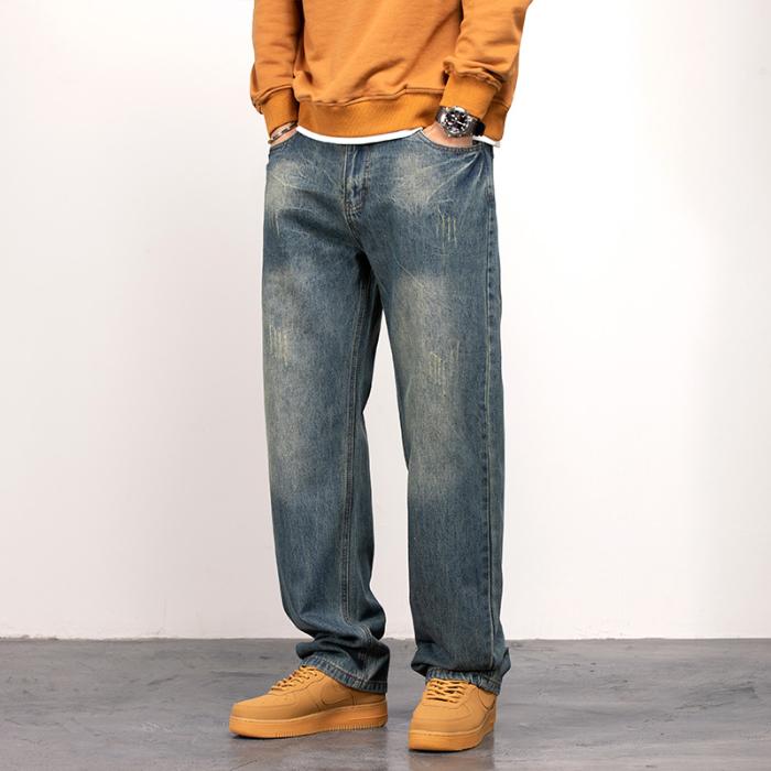 Men's Vintage Straight Jeans Loose Fit Wide Leg Casual Denim Pants High Waisted Elegant Trousers